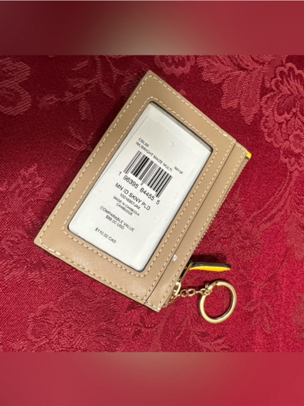 Coach Tan Leather & Yellow Plaid Card Zip Pouch w/ Key Ring - Picture 3 of 3